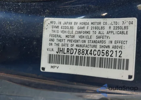 2004 Honda Cr-V Ex from USA, damaged, VIN JHLRD788X4C056212